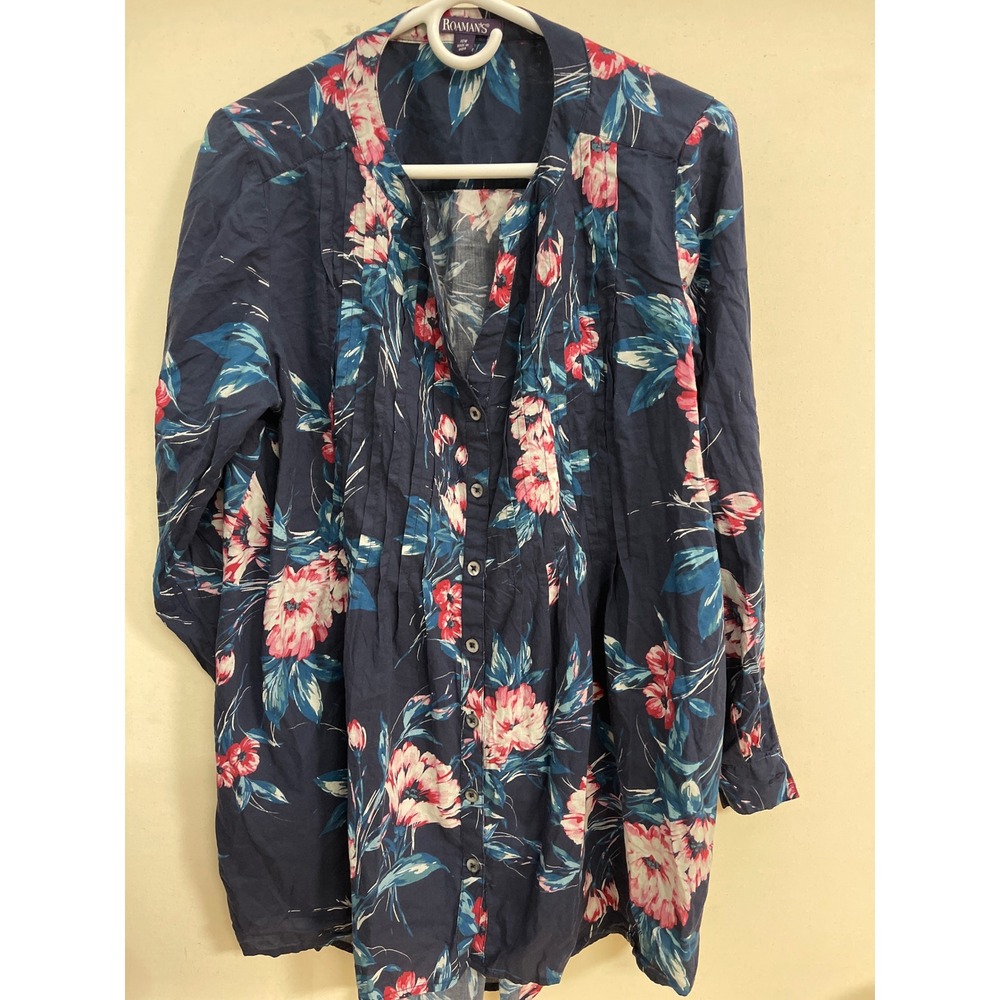 Roamans Navy Blue Floral Pintuck Tunic Blouse Plus Size 14W Roll Tab Sleeve